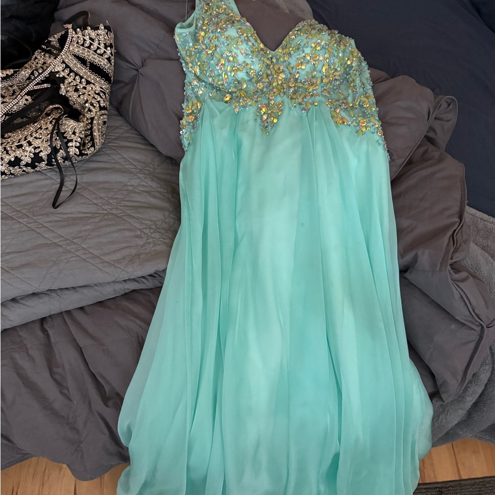 Elegant Aqua Prom Dress with Gold Accents